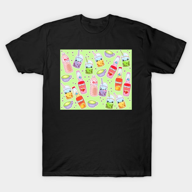 Colorful Kawaii Drinks on Green T-Shirt by FrostedSoSweet